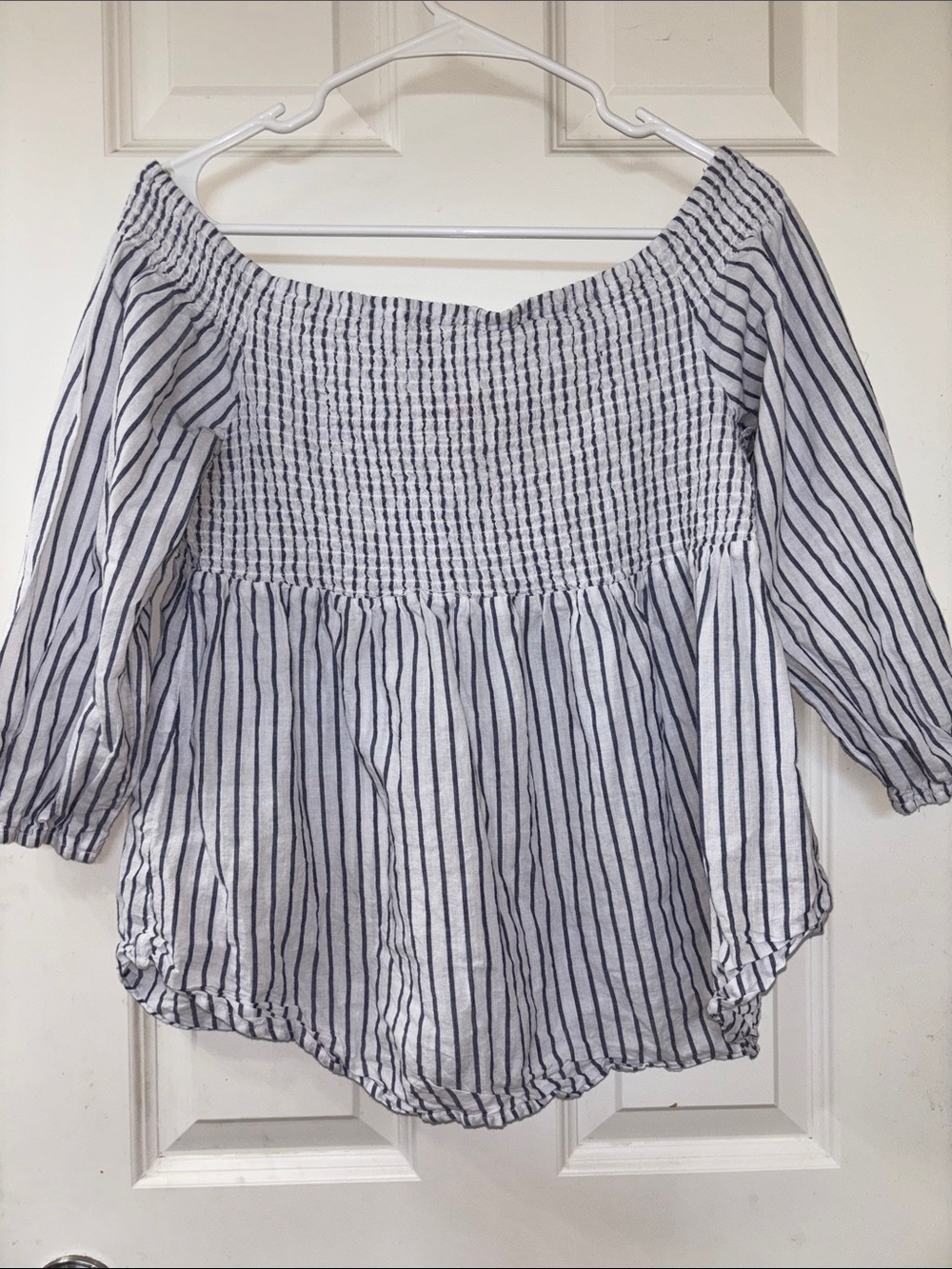 NOBO White and Black Striped Off-Shoulder Smocked Tunic